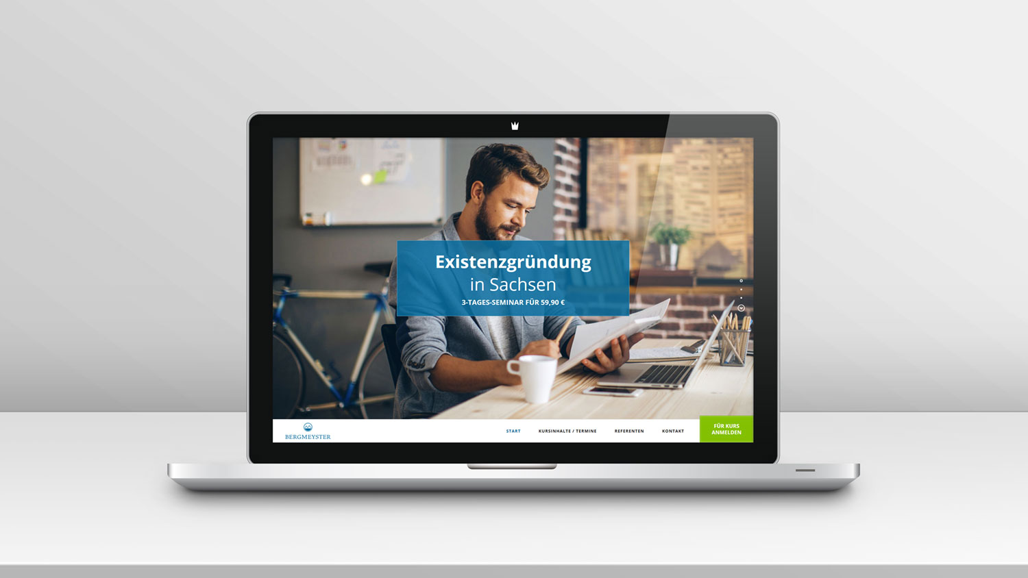 Website von Bergmeyster zum Seminarangebot „Existenzgründung in Sachsen“.