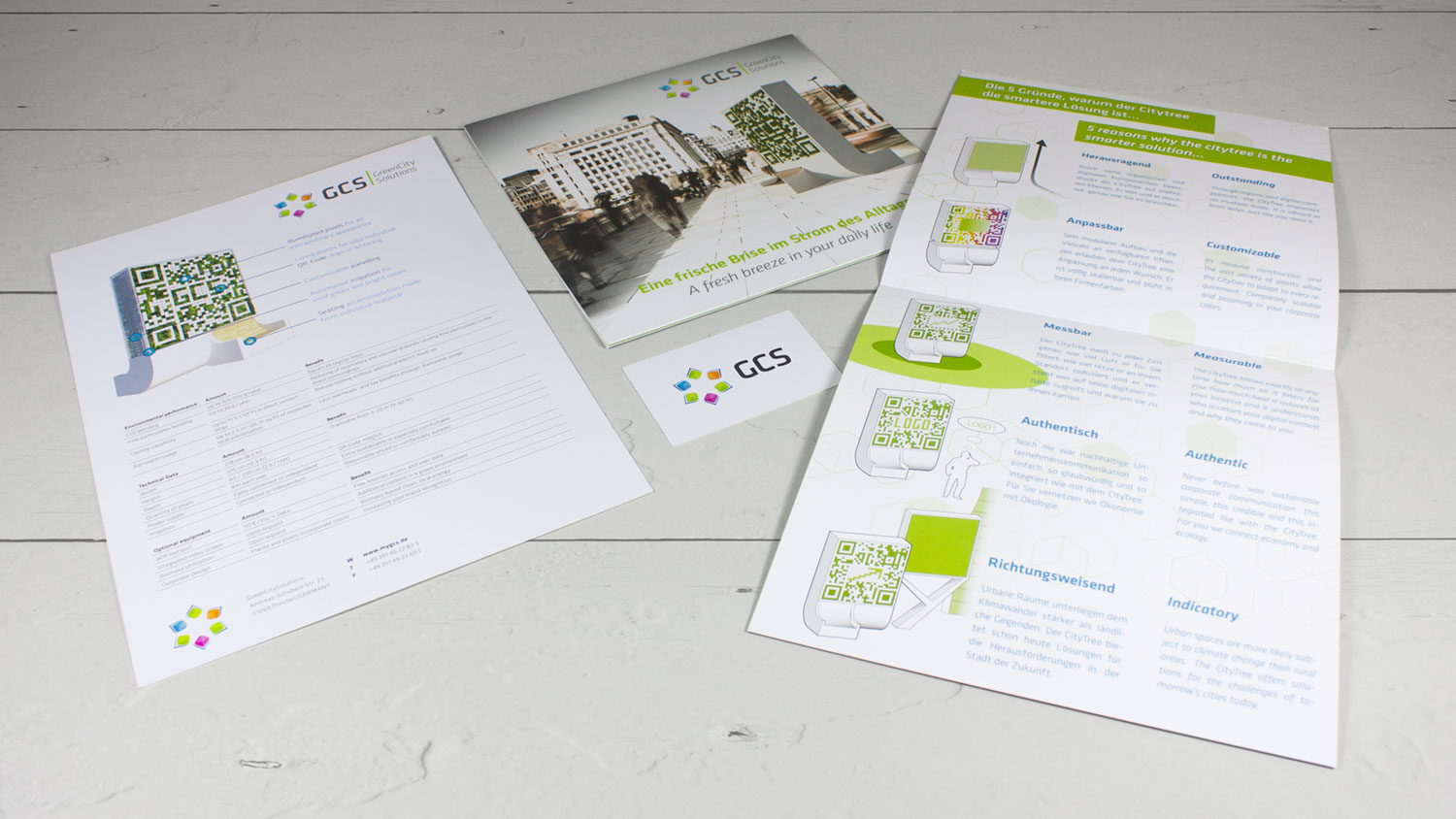 Geschäftsausstattung von Green City Solutions: Briefbogen, Visitenkarten und weitere Drucksachen.