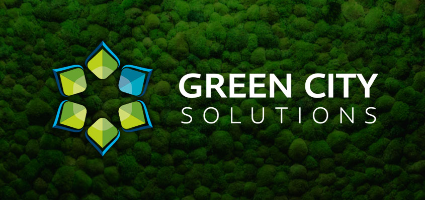 Green-City-Solutions-Logo: ein sechsblättriges Moos-Symbol neben dem Schriftzug „Green City Solutions“.