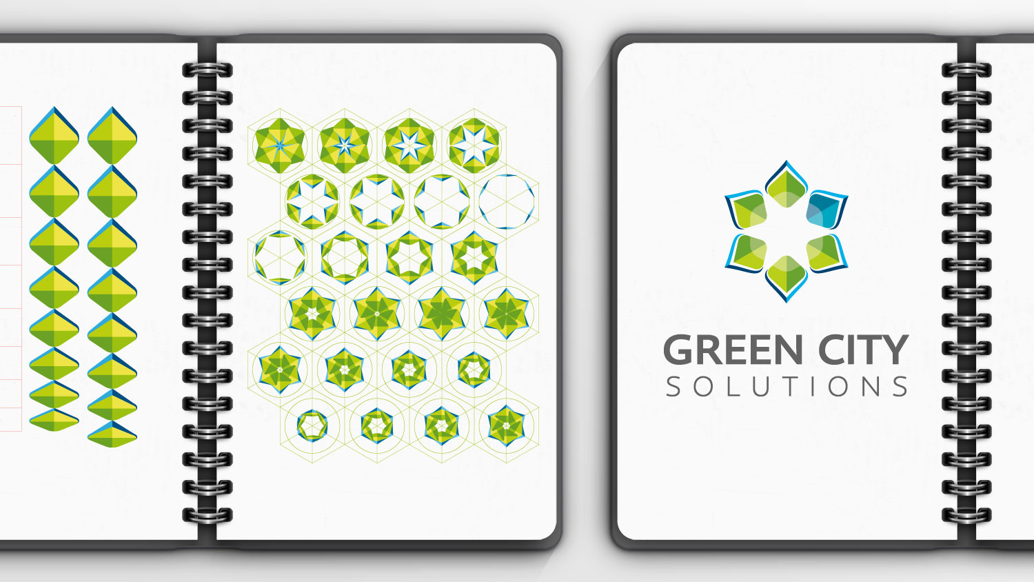 Skizzen und Entwurfsvarianten auf dem Weg zum finalen Green-City-Solutions-Logo.