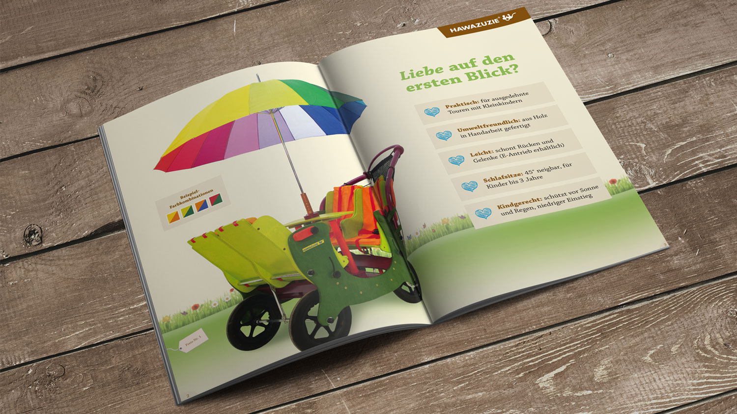 Aufgeschlagener Hawazuzie-Katalog mit einem Sechssitzer-Kinderwagen und bunten Sonnenschirmen.