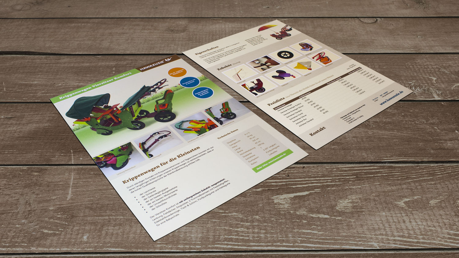 Technisches Datenblatt eines Hawazuzie-Kinderwagens mit Maßen und Ausstattung.