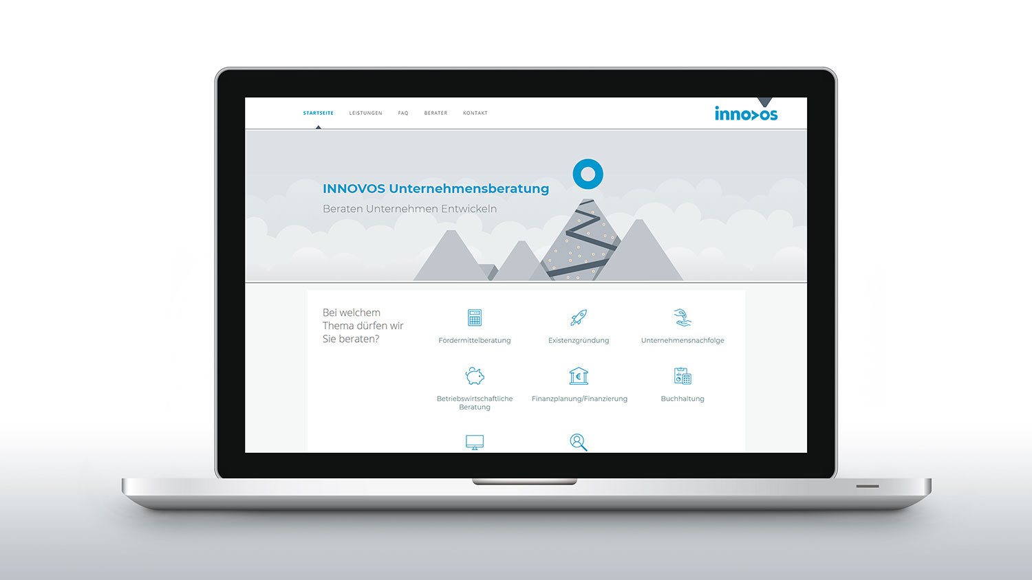 Website von innovos mit dem Logo im Header und Leistungsübersicht.