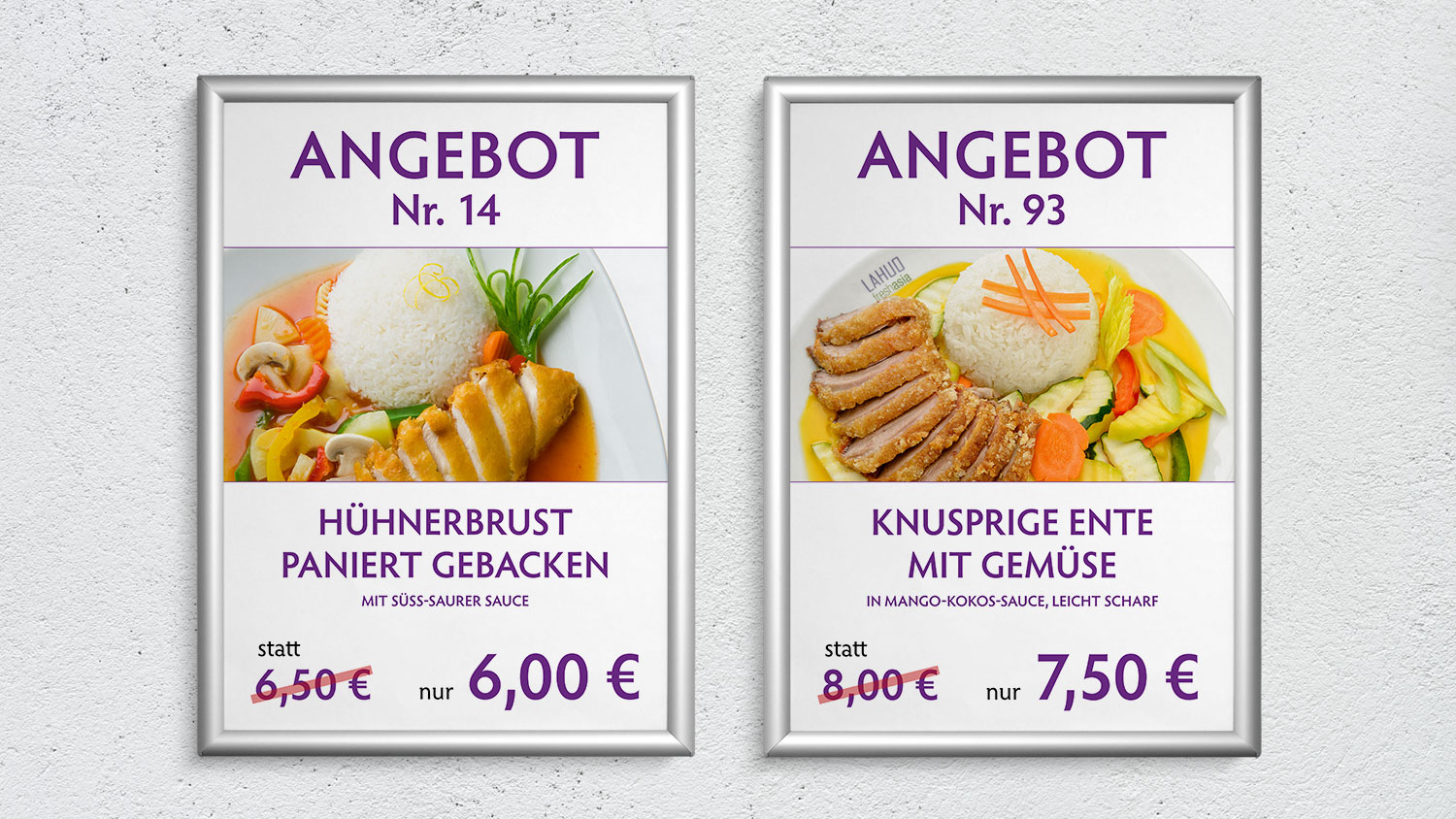 Angebotsplakate von Lahuo freshasia mit Gerichten und Preisen.