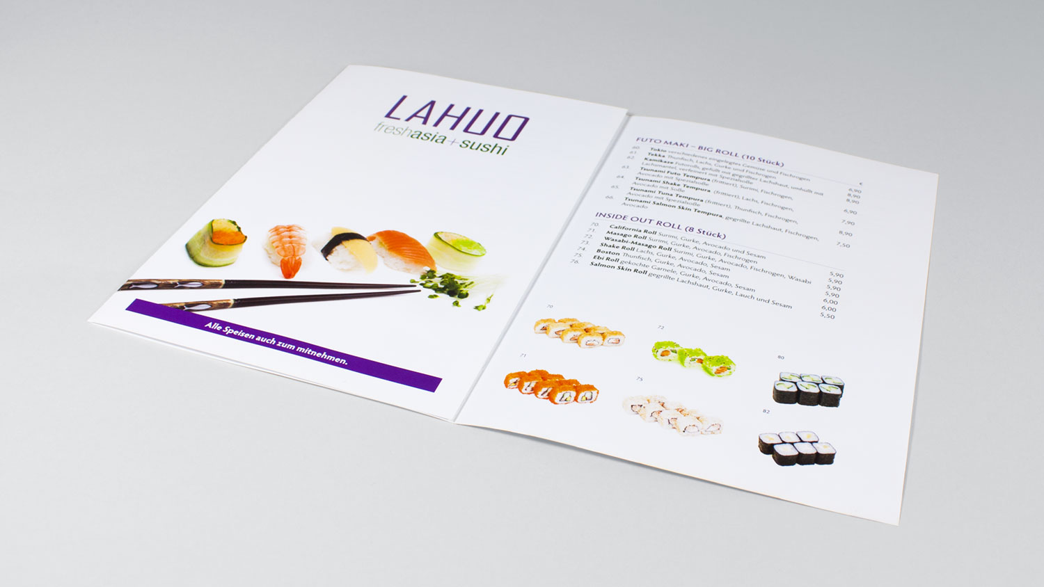 Sushi-Flyer von Lahuo freshasia mit Produktfotos.