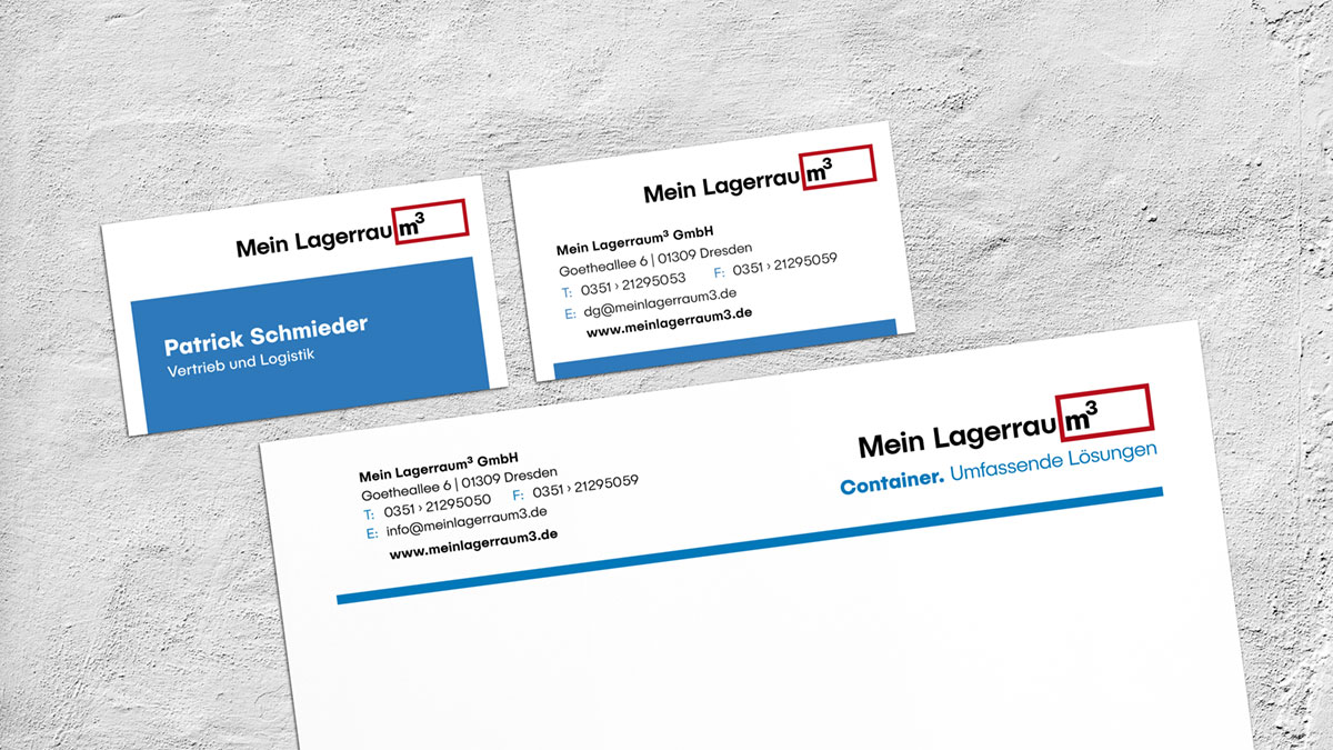 Geschäftsausstattung von Mein Lagerraum: Visitenkarten, Briefbogen und Versandtasche.