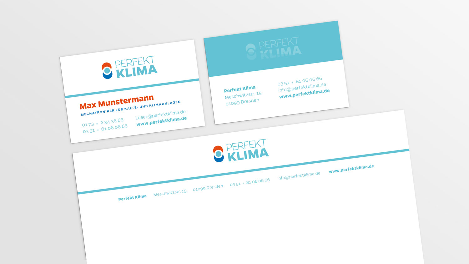 Geschäftsausstattung von Perfekt Klima: Visitenkarten und Briefbogen.