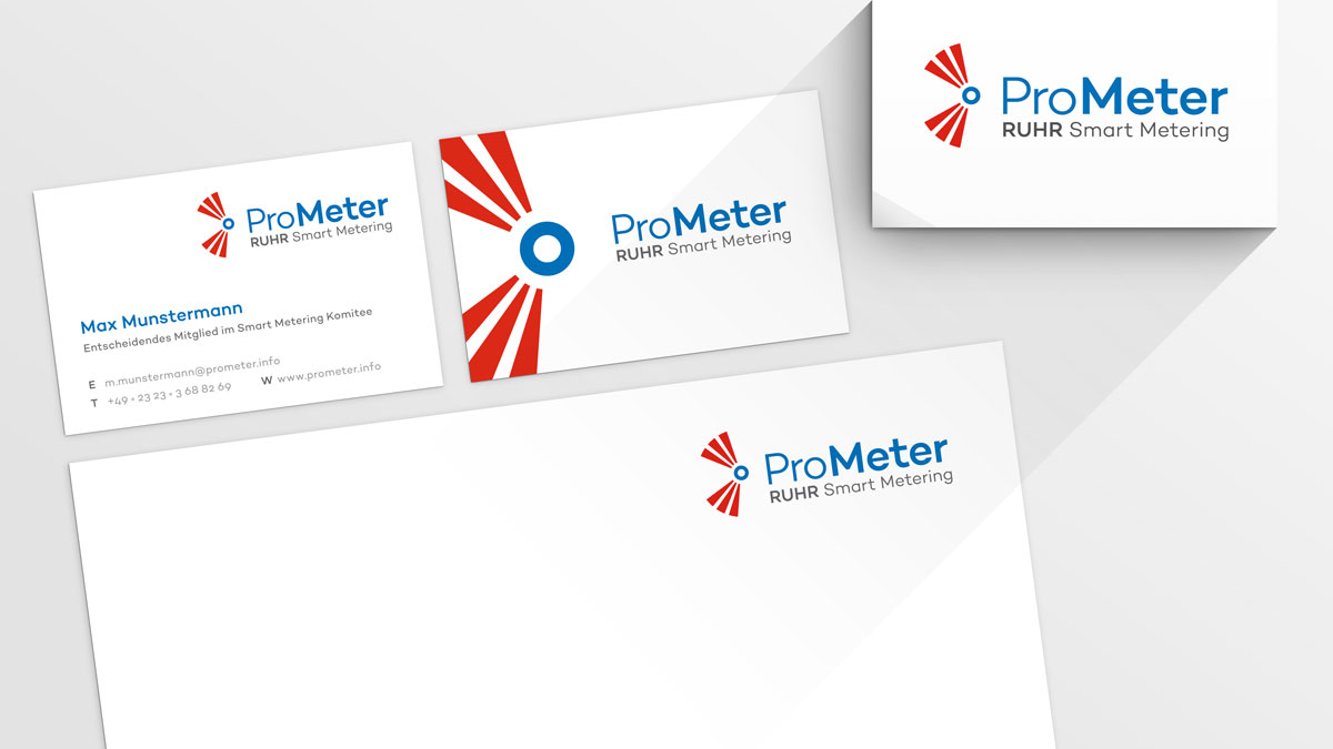 Geschäftsausstattung von ProMeter: Visitenkarten, Klappkarte und Briefbogen mit dem Logo.