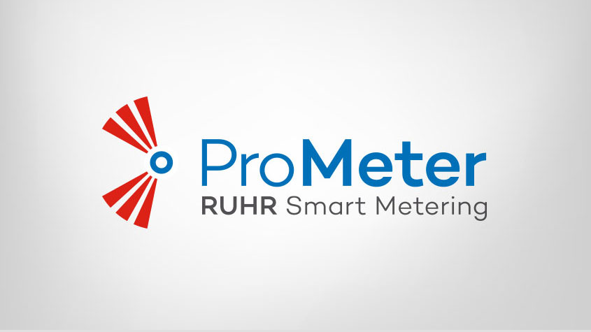 ProMeter-Logo: ein strahlenförmiges Rot-Symbol mit blauem Punkt, daneben der Schriftzug „ProMeter Ruhr Smart Metering“.